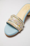 Powder Blue round 2 inch heels with slide straps of intrictae pastel pink, yellow and blue handwork with pearls