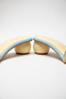 Powder Blue round 2 inch heels with slide straps of intrictae pastel pink, yellow and blue handwork with pearls